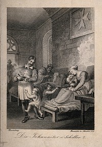 The interior of a hospital of the Order of St. John. Line engraving by Rasmäsler, 1828, after J.H. Ramberg.