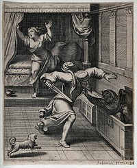 A furious cuckold rushes at his rival with a sword; representing vice as its own punishment. Engraving after O. van Veen (Vaenius), 1612.