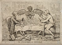 The republican solidarity of Joseph Priestley and Thomas Paine; indicated by the grinning devil that links them. Etching by I. Cruikshank, 1792.