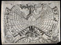 A dove stands on crossed keys holding in its wings a chart showing the good, bad or indifferent effects of each sign of the zodiac on different human activities. Engraving by P. Miotte, 16--.