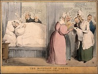 A large man in bed after giving birth to a mouse; referring to the Duke of Buckingham's attempt to introduce his own 'Reform Bill' which excluded disenfranchisement. Coloured lithograph by J.Doyle, 1832.