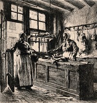 A woman stands behind the counter of a butcher's shop in France weighing meat on the scales for a customer. Etching by L. Lhermitte, 1881.
