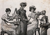 A girl receives three gifts from three young women: a painting from a woman seted at an easel, a leather-bound book from a woman dressed in outdoor clothes, and a model of a chalet from a woman with scissors and a knife. Engraving.