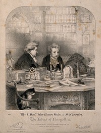 Sarah Ponsonby (left)and Lady Eleanor Butler, recluses known as the Ladies of Llangollen, seated in their library. Lithograph by R.J. Lane, ca. 1832, after Mary Parker (later Lady Leighton), 1828.