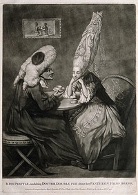 A woman wearing an extraordinarily high wig decorated with beads and lace, discusses her head-dress while taking tea with a man sitting opposite who wears a legal tie wig, gown and bands; on the wall is a framed picture of two monkeys sitting at a table drinking tea. Mezzotint, 1772.