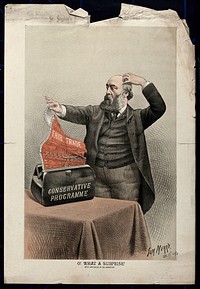 Lord Salisbury opens a briefcase representing the "Conservative programme" and finds inside a corset representing "Fair trade". Colour lithograph by Tom Merry, 17 December 1887.