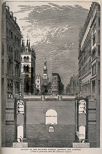 A section through the roadway of Holborn Viaduct, London: looking east, showing the middle level sewer. Wood engraving after W. Haywood, 1854.