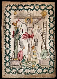 The Crucifixion with the instruments of Christ's Passion. Coloured engraving.