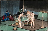 Japanese funeral customs: two attendants wearing loin-cloths support the body of a dead man while a third shaves his head. Watercolour, ca. 1880 .