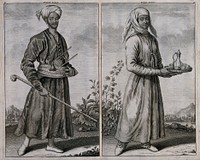 Two people in Persia described as black slaves: a man wearing a turban with a staff in his hand, and a woman carrying a tea tray with a jug and cups. Engraving after C. de Bruyn.