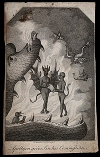 Standing within the jaws of Hell, Apollyon the angel of destruction hands his instructions to Sin. Engraving by W. Newman after himself.