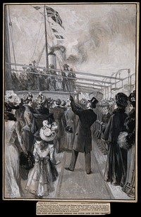 Boer War: The Duke of Connaught raising the Union Jack on the masthead of a hospital ship, an official Committee and line of soldiers in attendance. Gouache painting by F. Dickinson after D. Macpherson, 1899.