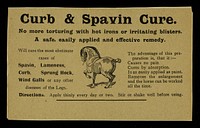 Curb & spavin cure : no more torturing with hot irons or irritating blisters : a safe easily applied and effective remedy.