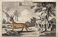 A man in oriental dress and turban, restrained by fetters around his wrists is watching his lynx, which is attached to his wrists with a chain, kill a cockerel. Coloured etching.
