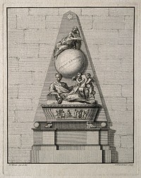 Sir Isaac Newton: monument. Line engraving by P. Fourdrinier after W. Kent and M. Rysbrack.