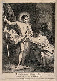 Saint Thomas the Apostle puts his finger in the lance wound of the risen Christ. Etching by G. de Lairesse.