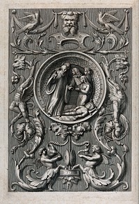 The child Samuel is laid down to sleep and the hushed priests await his prophecies; the elaborate surrounding panel is decorated with florid demons. Engraving.