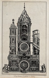 Clocks: the astronomical clock in Strasbourg Cathedral, with onlookers. Lithograph, 18--.