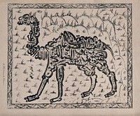 A camel forming a tughra (cipher). Woodcut by an Indian artist.