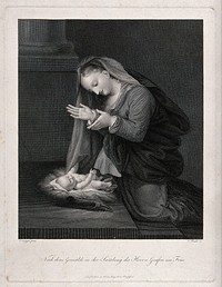 Saint Mary (the Blessed Virgin) with the Christ Child. Line engraving by C.H. Rahl after A. Allegri, il Correggio.