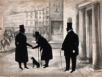 A man in a coat and top hat hands money to an old beggar with a dog, as another well-dressed man stands by. Lithograph.