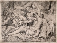 The four holy women lament over the dead Christ. Engraving by Annibale Carracci, 1597, after himself.