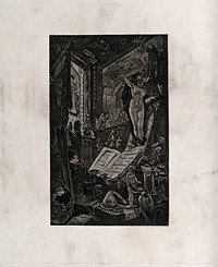 A magician in his gothic study conjuring demons: a naked woman appearing from a mirror. Soft ground etching by F. Rops.