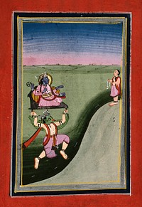Rama being carried by Garuda while a devotee worships him. Gouache drawing.