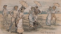 Three women tedding or spreading out cut grass to dry as hay, while the men hold parasols over them. Colour wood engraving after R. Caldecott, 1881.