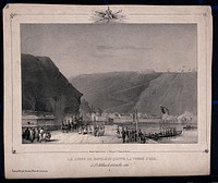 The body of Napoleon Bonaparte is transported from the island St. Helena in 1840. Lithograph by J. Arnout after V.J. Adam.