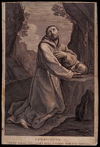 Saint Francis of Assisi in the wilderness, holding a skull, kneeling in front of a crucifix. Engraving by C. Bloemaert after G. Reni.