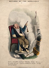 A man, decrepit with gout, helpless in his own home. Coloured lithograph.