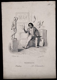 An artist measures a model of the human body from a distance with one eye shut; representing the faculty of perception in extended space in phrenological classification. Steel engraving by J-I-L. Desjardins, 1847, after H. Bruyères.