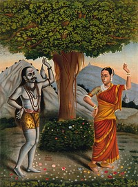 Shivaite yogi accosts a woman under a banyan tree. Chromolithograph.