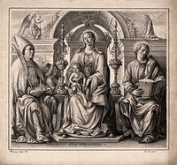The Virgin Mary with Saint Petronius and Saint John the Evangelist and a donor. Drawing by F. Rosaspina, c. 1830, after F. Cossa, 1474.