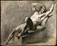 A reclining male nude with his right arm resting on his head and his left arm raised. Black and red chalk drawing by J.J. Masquerier.