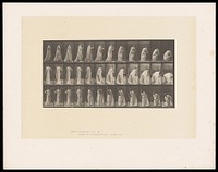 A clothed woman stooping to lower a vase of flowers towards the floor. Collotype after Eadweard Muybridge, 1887.