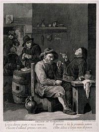 Five Flemish men, old and young alike, smoke and drink in a dingy smoke den. Engraving by T. Jorma (T. Major), 18th century, after a painting by D. Teniers, the younger.