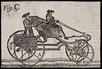 A four-wheeled carriage manned by a coachman and a man (footman) at the back. Woodcut, 17--.