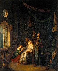 A medical practitioner examining the urine of a sick woman. Oil painting after Gerrit Dou.