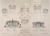 Orphanage, Swanley, Kent: floor plans, elevations, and site layout. Photolithographs by Whiteman & Bass, 1882, after H. Spalding.