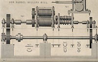 Engineering: rolling mill used to produce gun barrels, with different stages in producing the shape shown below. Engraving c.1861.