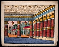 Scenery to be used in a toy theatre: a hall in a palace, walled with colonnades. Coloured lithograph.