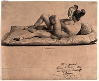 Two Chinese girls with bound feet are making love on a mattress. Lithograph by J.B. Mauzaisse, 1829.