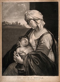 A woman holding her sleeping baby after breast feeding it. Mezzotint.