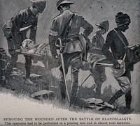 Boer War: removing the wounded after the Battle of Elandslaagte. Process print after W. Devar.