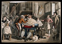 A barber cuts a man's face while shaving him; a second barber cuts a cross-eyed boy's hair; a third lathers the face of another man. Coloured aquatint by G. Hunt after T. Lane.
