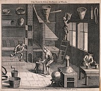 The process of gold and silver refining. Engraving, 1747.