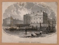 Royal Naval Hospital, Greenwich, with fishermen and mudlarks in the foreground, viewed from a pier. Engraving by J. Hinchliff, 1829, after W. Bartlett, 1828.