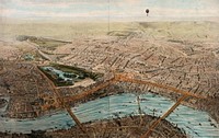 Westminster and surrounding areas of London seen from a balloon. Coloured lithograph by Jules Arnout after himself.